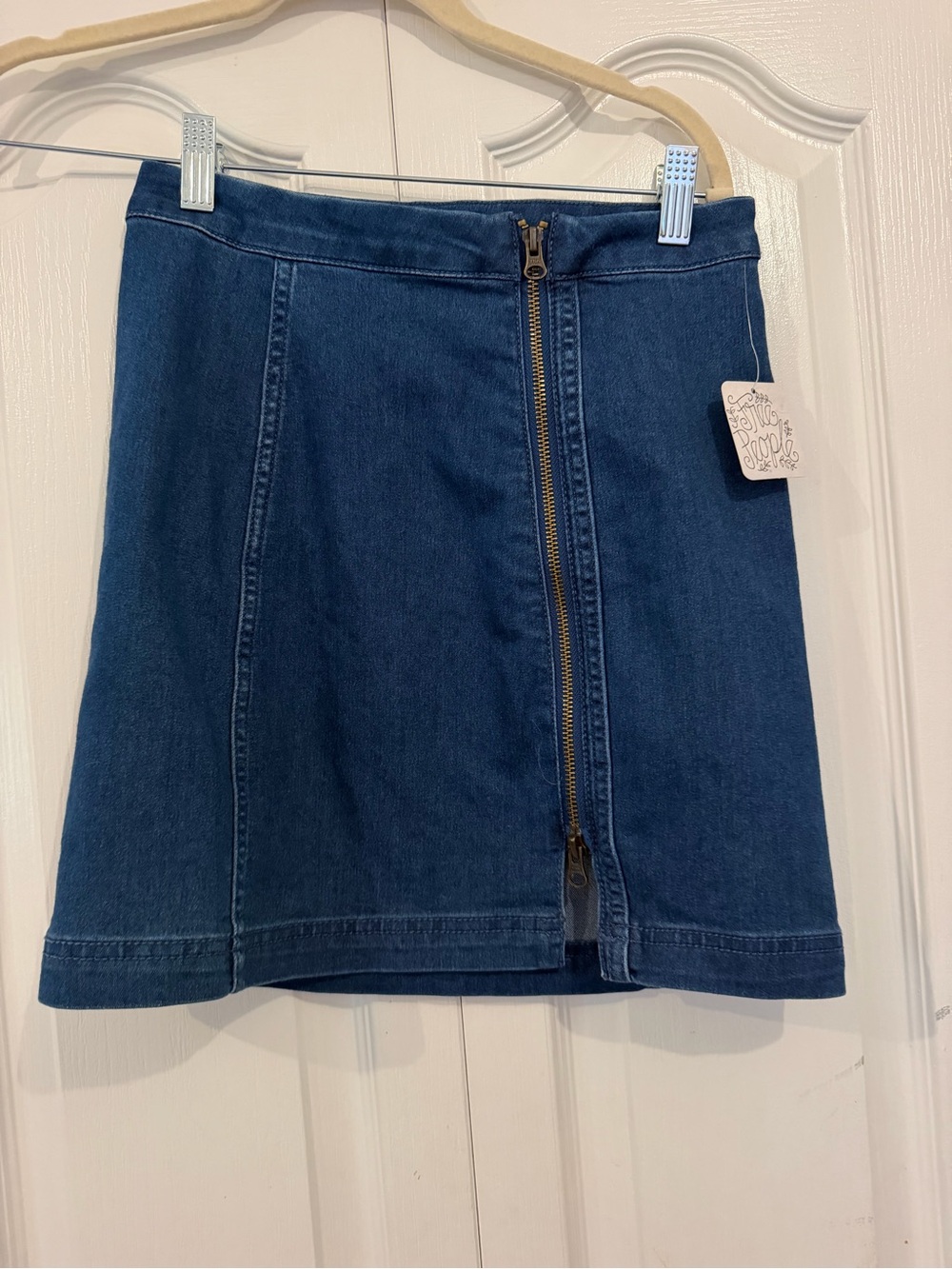 Free People Blue Denim A-Line Mini Skirt Full Front Zip Solid Size 4